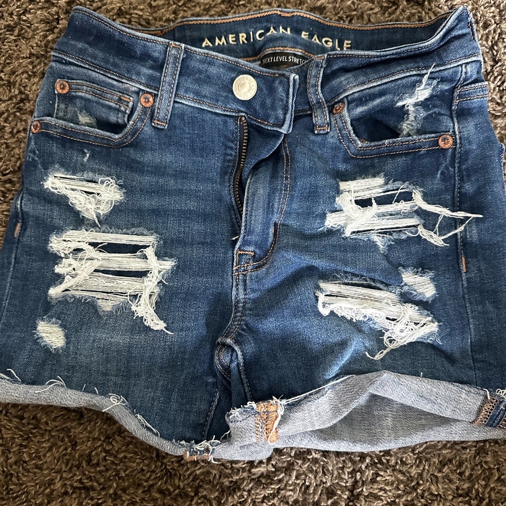 American Eagle Outfitters Blue Jean Shorts with Distressed Design